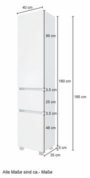 Hochschrank in Weiß mit zwei Schubladen und einem großen Fach, Maße: 185 cm hoch, 40 cm breit, 35 cm tief, seitliche Perspektive