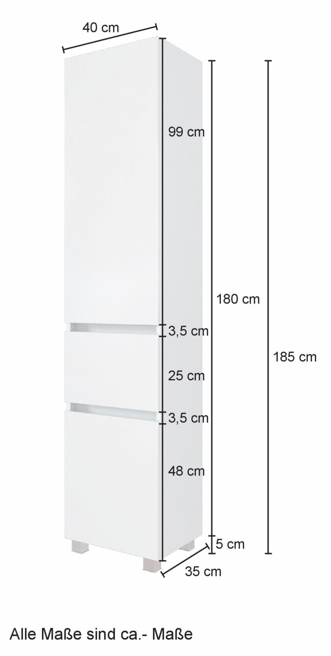 Hochschrank in Weiß mit zwei Schubladen und einem großen Fach, Maße: 185 cm hoch, 40 cm breit, 35 cm tief, seitliche Perspektive