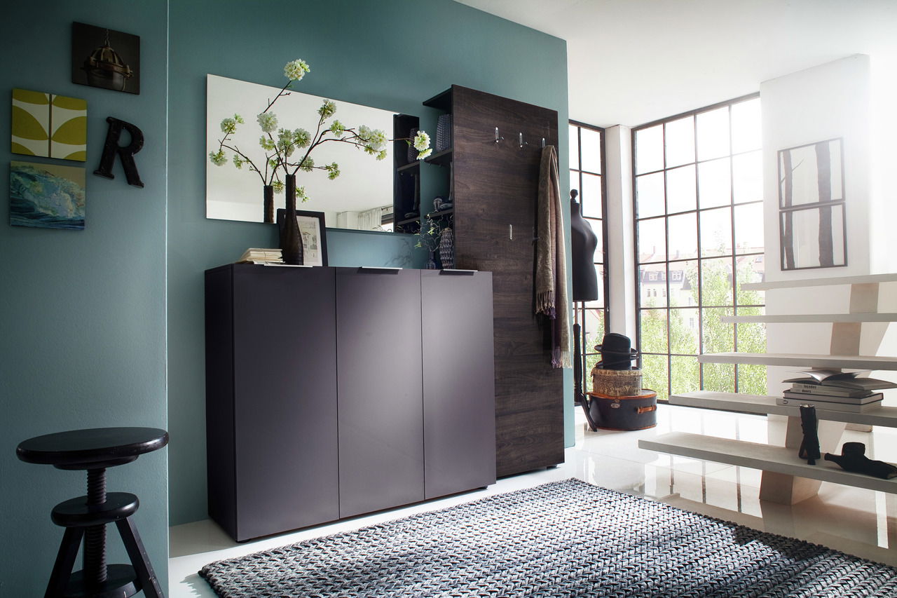 Moderner Eingangsbereich mit Schuhschrank und Garderobenpaneel, seitliche Perspektive