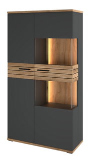 Modern hoogkast in donkergrijs met houten accenten en ingebouwde verlichting, vooraanzicht