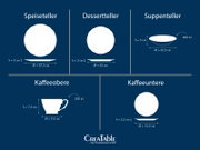Infografik eines Porzellan-Geschirrsets mit Speiseteller, Dessertteller, Suppenteller, Kaffeeobere und Kaffeeuntere inklusive Maßen und Füllvolumen, dargestellt in Draufsicht und Seitenansicht (Profil).