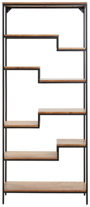 Modernes Regal mit asymmetrischen Holzregalböden und schwarzem Metallrahmen, Frontalansicht