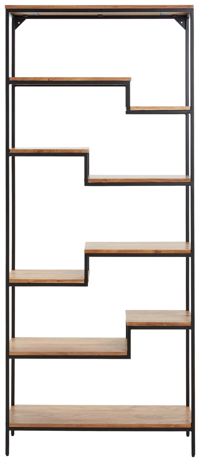 Modernes Regal mit asymmetrischen Holzregalböden und schwarzem Metallrahmen, Frontalansicht