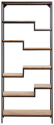 Modernes Regal mit asymmetrischen Holzregalböden und schwarzem Metallrahmen, Frontalansicht