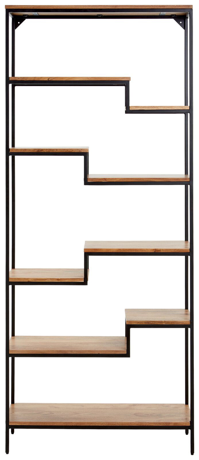 Modernes Regal mit asymmetrischen Holzregalböden und schwarzem Metallrahmen, Frontalansicht