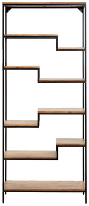 Modernes Regal mit asymmetrischen Holzregalböden und schwarzem Metallrahmen, Frontalansicht