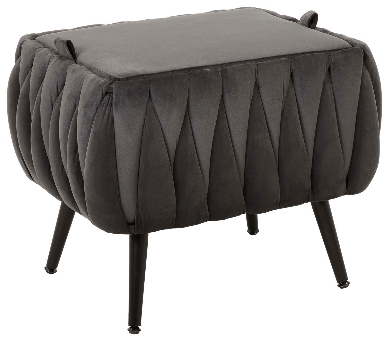 Grauer, gepolsterter Hocker mit schwarzem, gefaltetem Stoffbezug und vier schwarzen Beinen, seitliche Perspektive