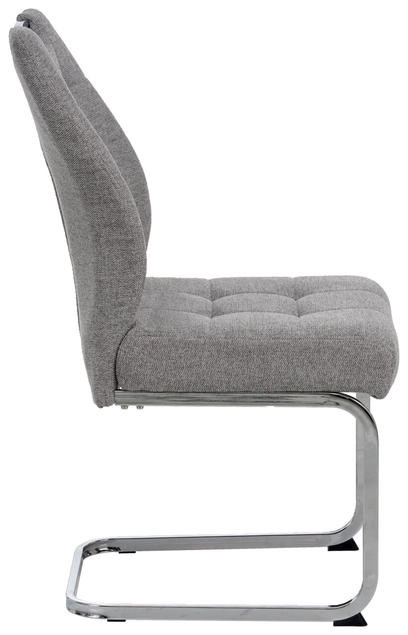 Grauer Schwingstuhl mit gepolsterter Sitzfläche und Rückenlehne, seitliche Ansicht