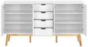 Weißes Sideboard mit offenen Türen und Schubladen, frontal betrachtet, auf Holzbeinen stehend.