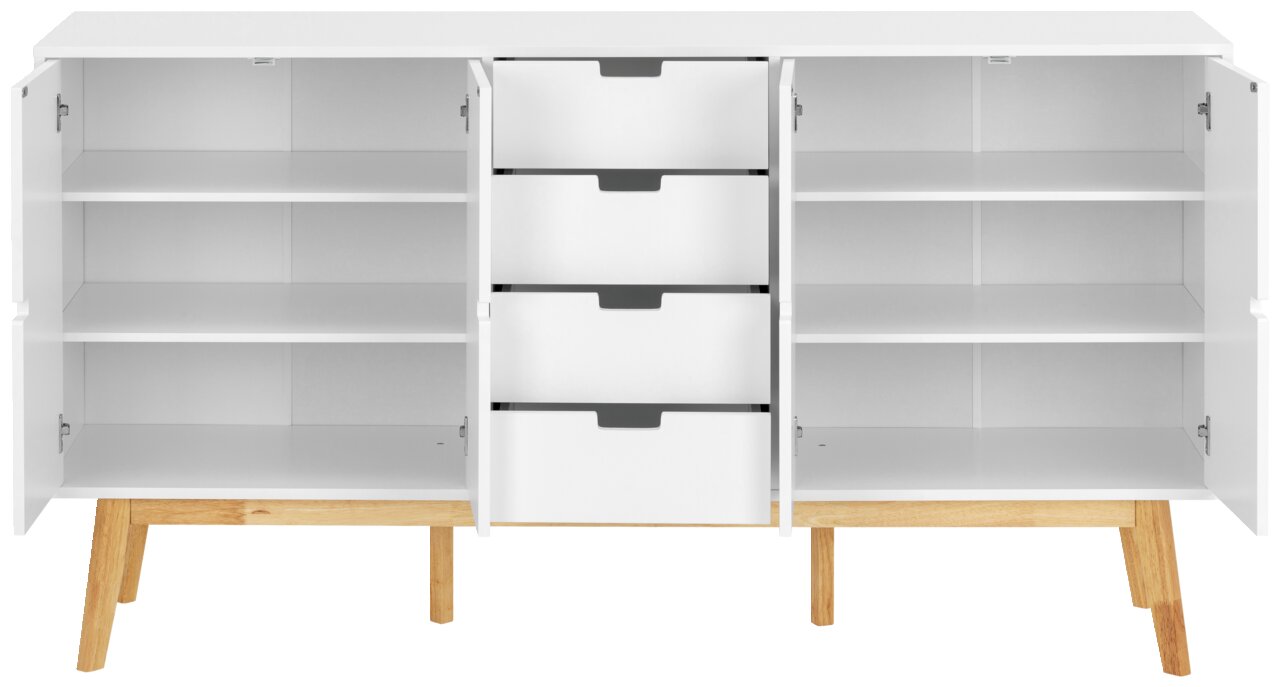 Weißes Sideboard mit offenen Türen und Schubladen, frontal betrachtet, auf Holzbeinen stehend.