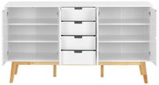Weißes Sideboard mit offenen Türen und Schubladen, frontal betrachtet, auf Holzbeinen stehend.