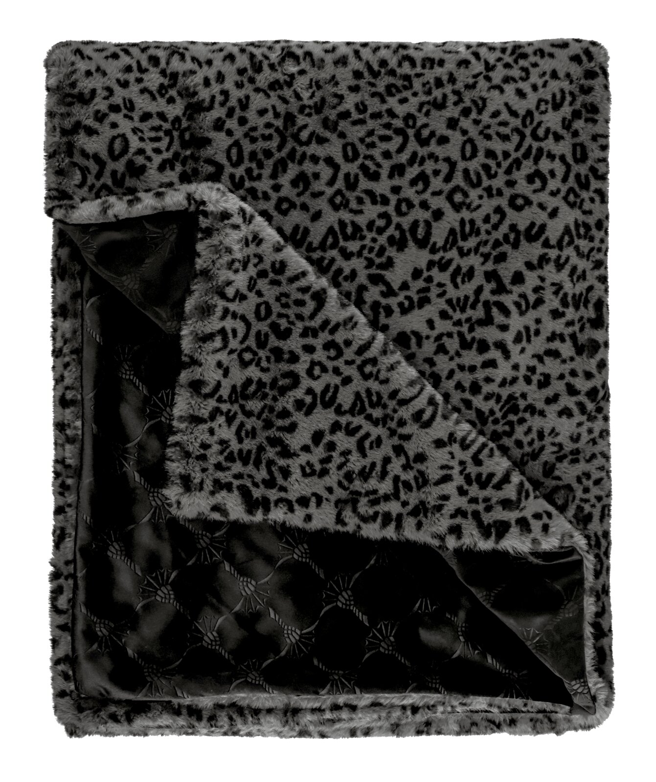 Graue Kunstfell-Decke mit Leopardenmuster und dunkler, gesteppter Innenseite, teilweise umgeschlagen, Draufsicht