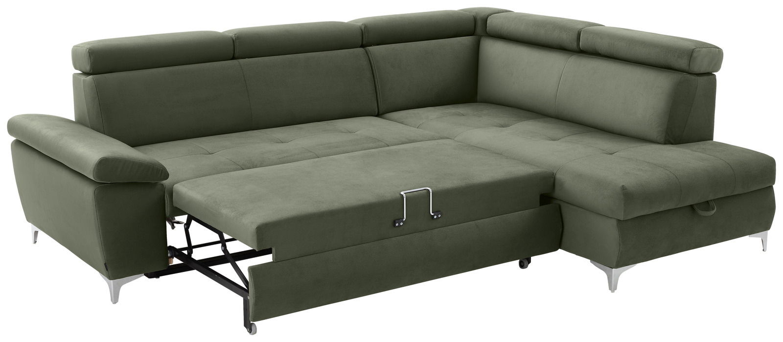 Grünes Ecksofa mit ausziehbarer Schlaffunktion, Perspektive von vorne