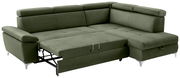 Grünes Ecksofa mit ausziehbarer Schlaffunktion, Perspektive von vorne