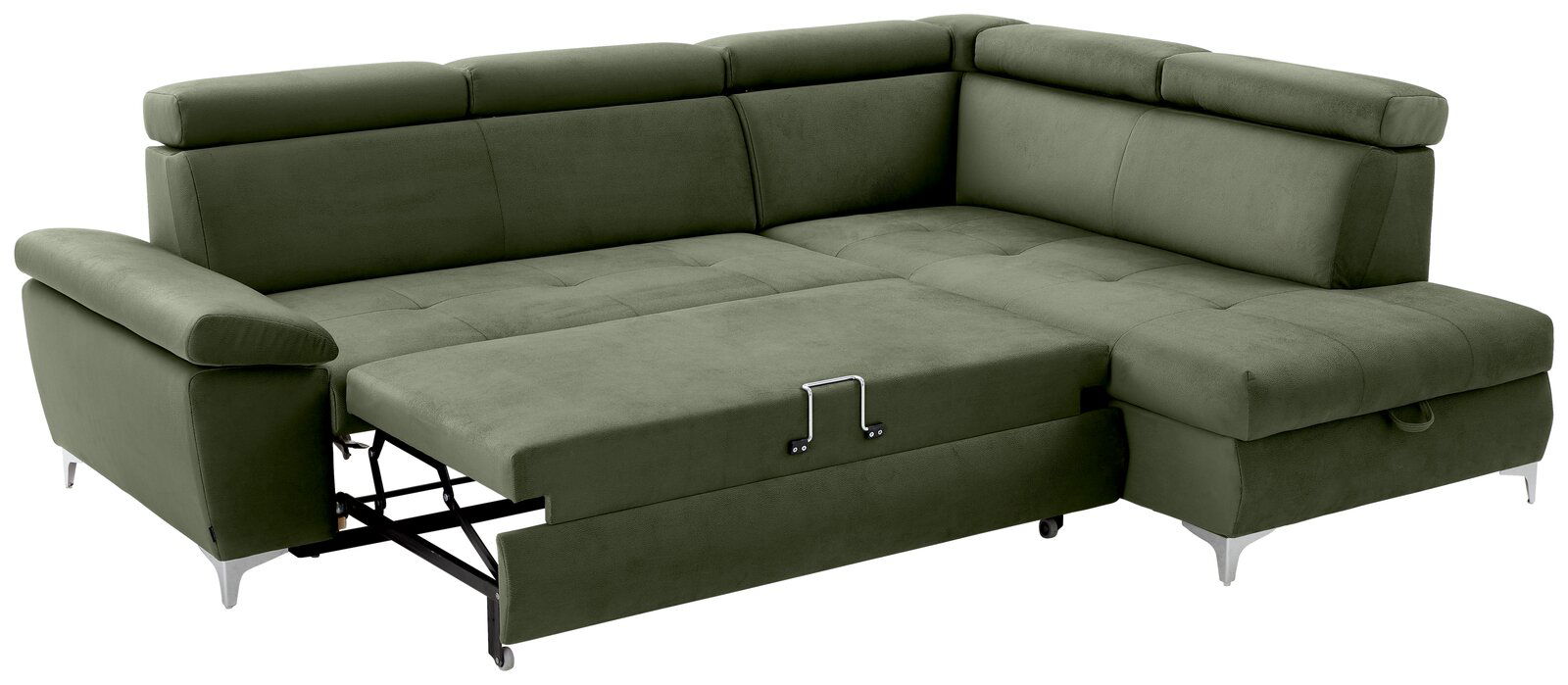 Grünes Ecksofa mit ausziehbarer Schlaffunktion, Perspektive von vorne