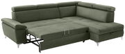 Grünes Ecksofa mit ausziehbarer Schlaffunktion, Perspektive von vorne