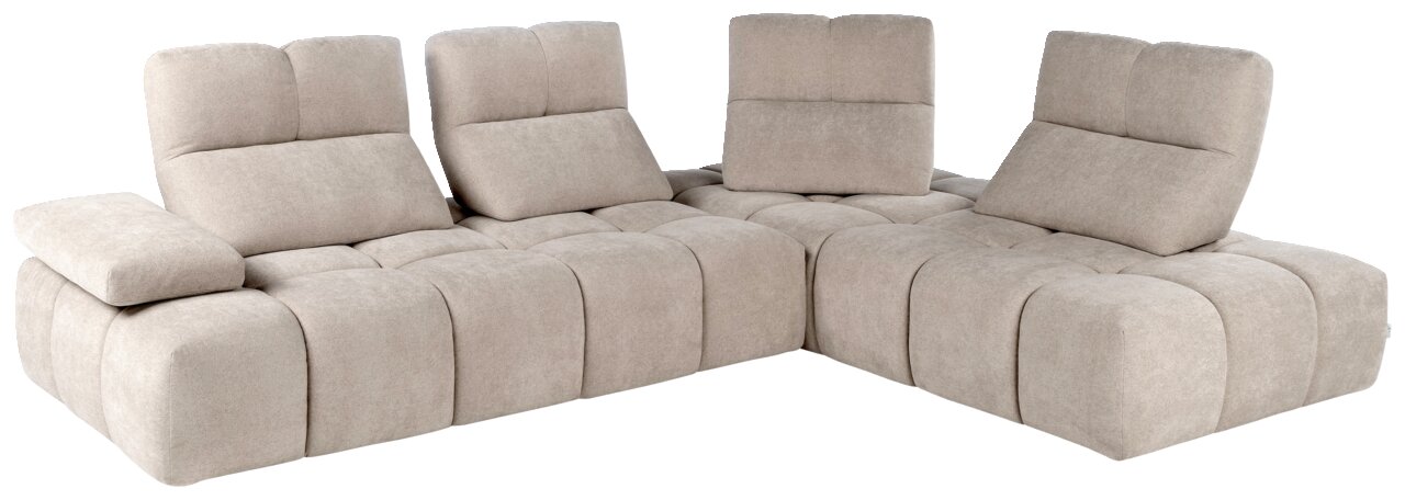 Beige hoekbank met verstelbare rugleuningen, gezien van schuin voren.