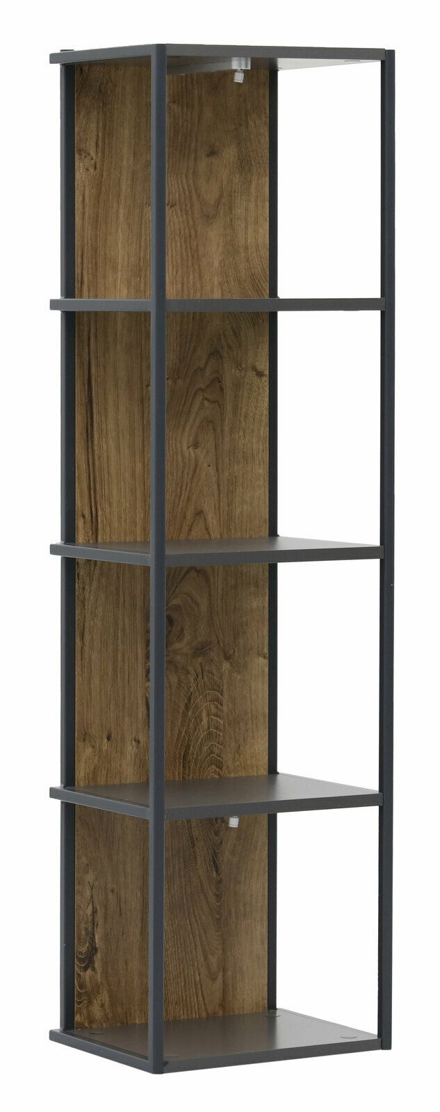 Wandregal mit Holzrückwand und Metallrahmen, seitliche Perspektive