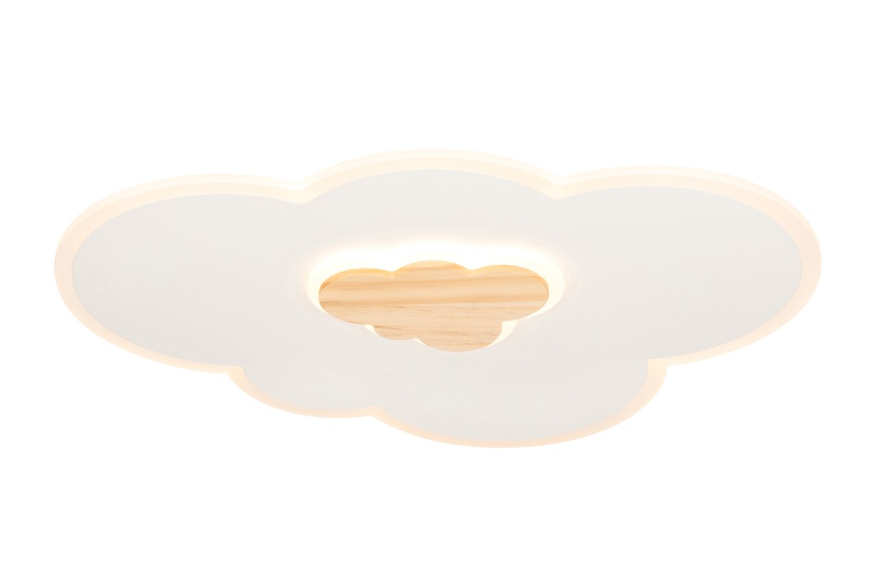 LED-Deckenleuchte in Wolkenform aus der Vogelperspektive mit Holzdetail in der Mitte