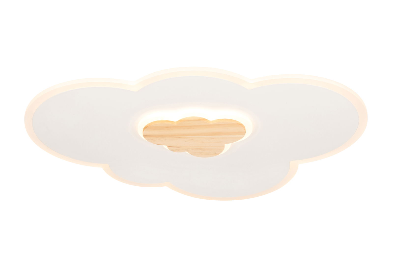 LED-Deckenleuchte in Wolkenform aus der Vogelperspektive mit Holzdetail in der Mitte