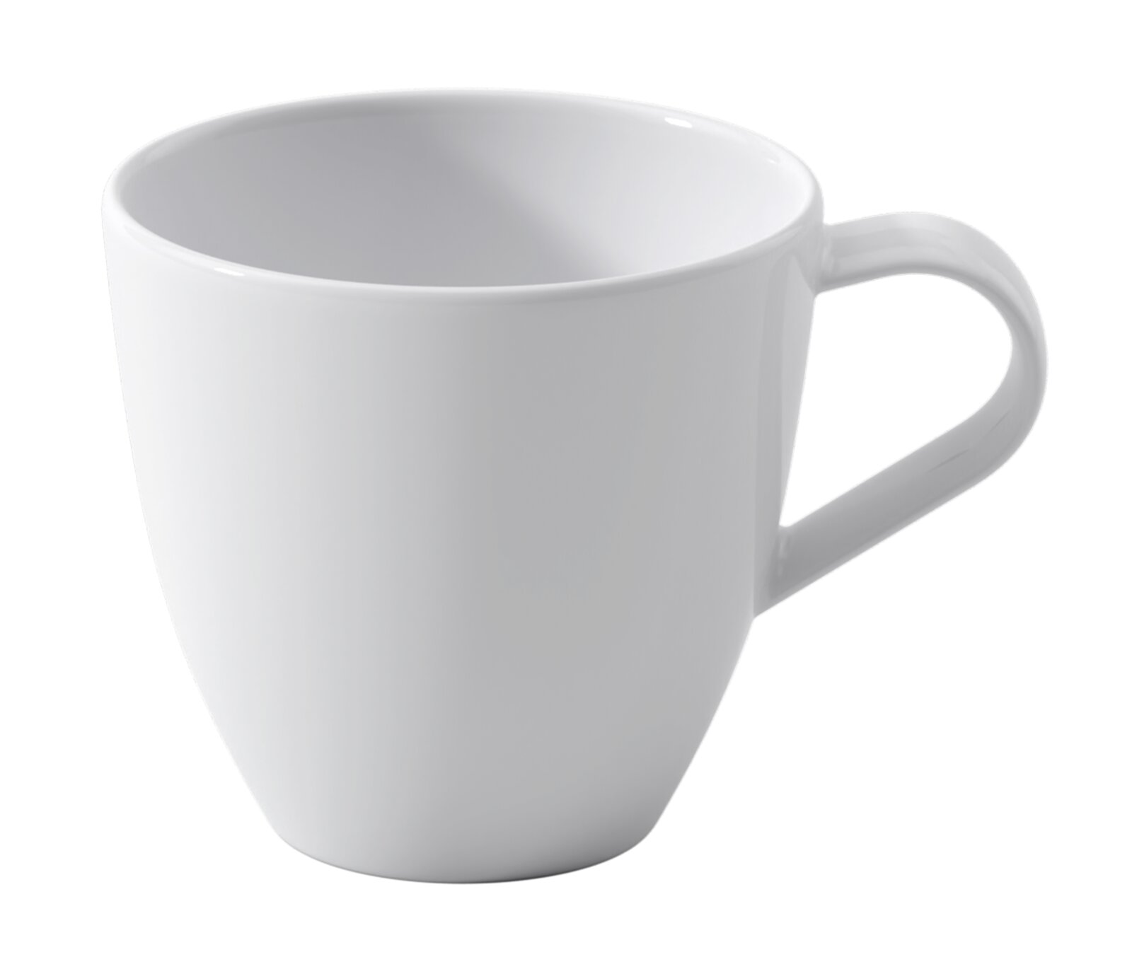Villeroy & Boch Espressotasse PURA Weiße, glänzende Keramik-Kaffeetasse mit Henkel, freigestellt; Perspektive: leicht von oben in schräger Frontansicht, Henkel rechts sichtbar.