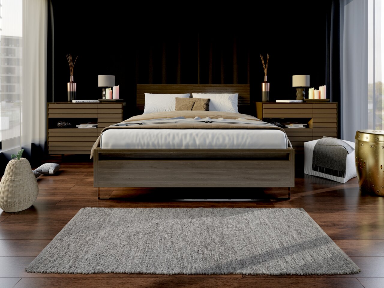 Grauer Handweb Teppich in einem modernen Schlafzimmer mit Holzboden, Bett und Nachttischen, aus der Vorderansicht fotografiert.