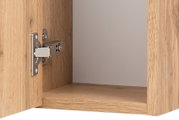 Nahaufnahme eines geöffneten Spiegelschranks aus Holz mit sichtbarem Scharnier, Innenansicht
