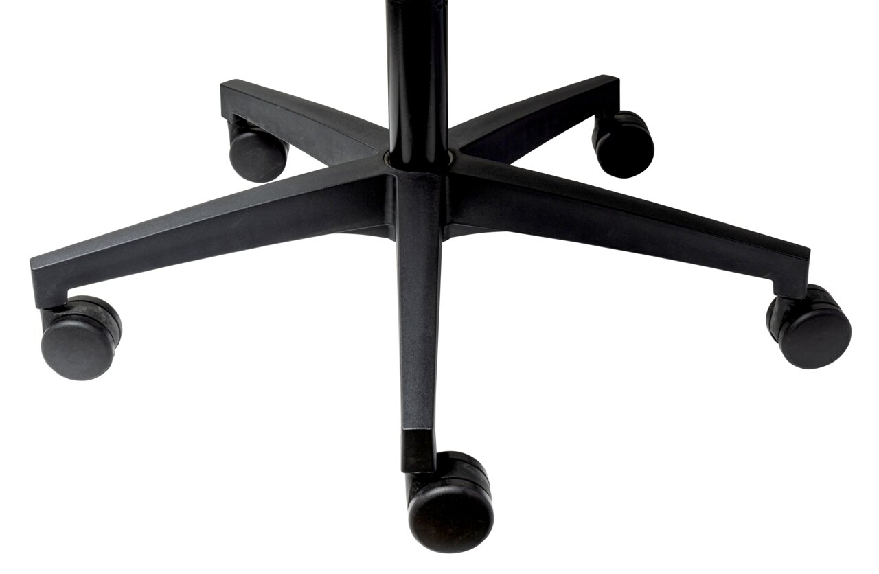 Nahaufnahme der Basis eines Drehstuhls mit fünf Rollen, von oben betrachtet.