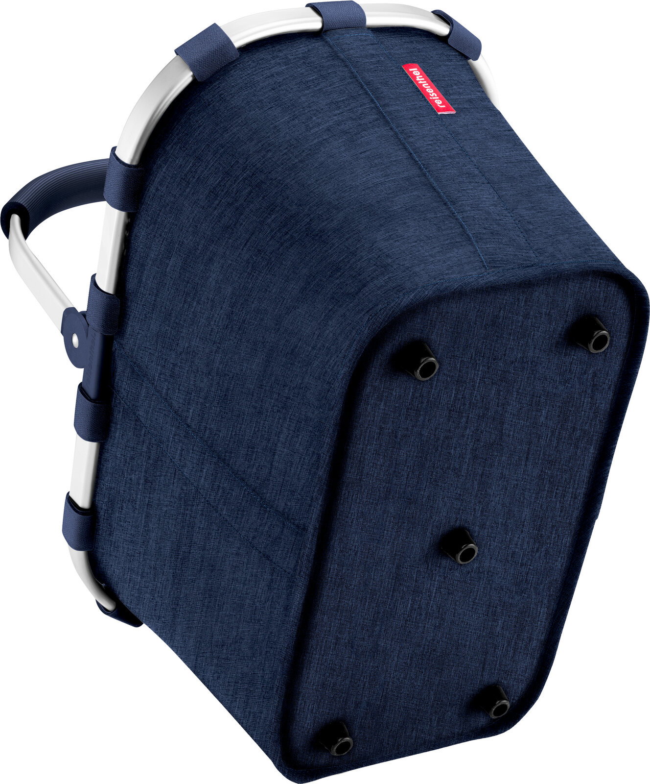 Unterseite einer dunkelblauen Reisenthel-Tasche mit Aluminiumrahmen und Standfüßen, schräg von unten fotografiert