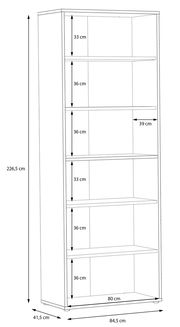 Seitenansicht eines hohen, breiten Regals mit sechs Fächern, Maße: 226,5 cm hoch, 84,5 cm breit, 41,5 cm tief.