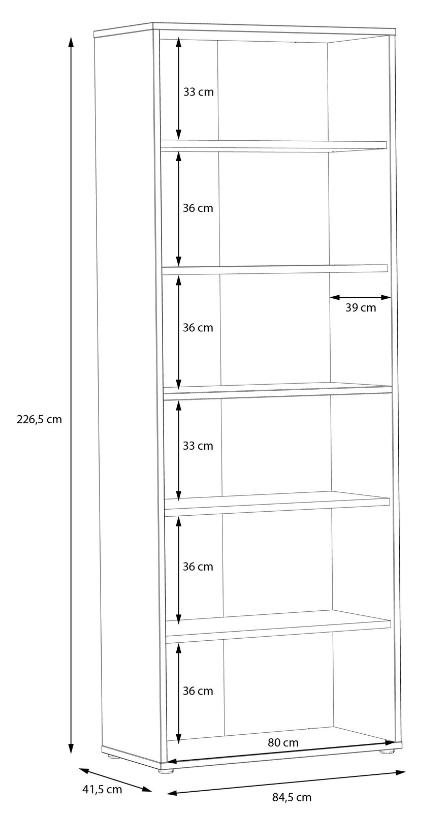 Seitenansicht eines hohen, breiten Regals mit sechs Fächern, Maße: 226,5 cm hoch, 84,5 cm breit, 41,5 cm tief.