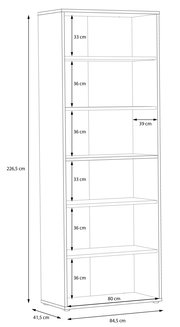 Seitenansicht eines hohen, breiten Regals mit sechs Fächern, Maße: 226,5 cm hoch, 84,5 cm breit, 41,5 cm tief.