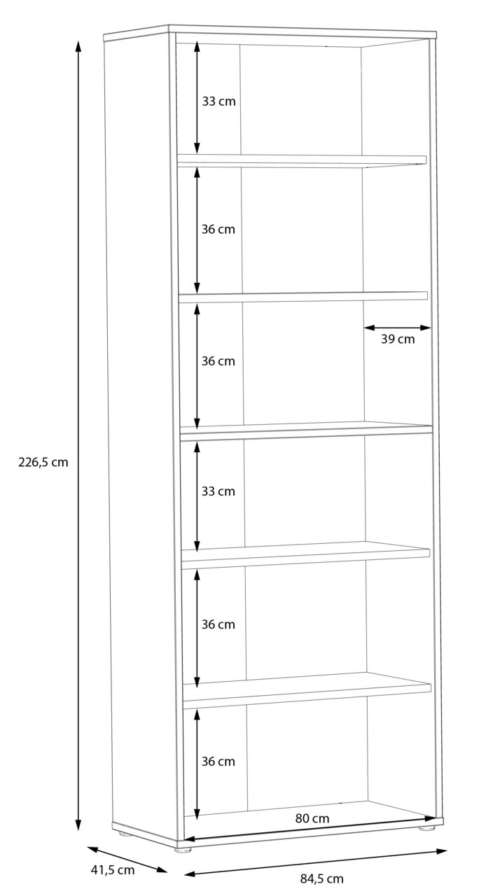 Seitenansicht eines hohen, breiten Regals mit sechs Fächern, Maße: 226,5 cm hoch, 84,5 cm breit, 41,5 cm tief.