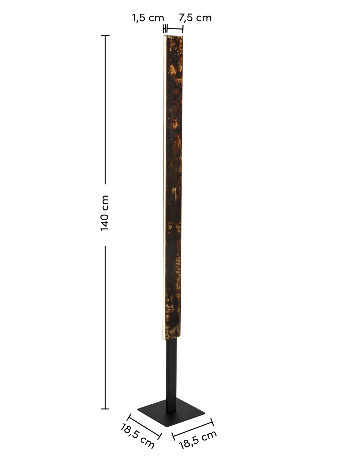 LED-Stehleuchte mit schlankem, rechteckigem Design, 140 cm hoch, mit einer Basis von 18,5 cm x 18,5 cm. Seitenansicht.