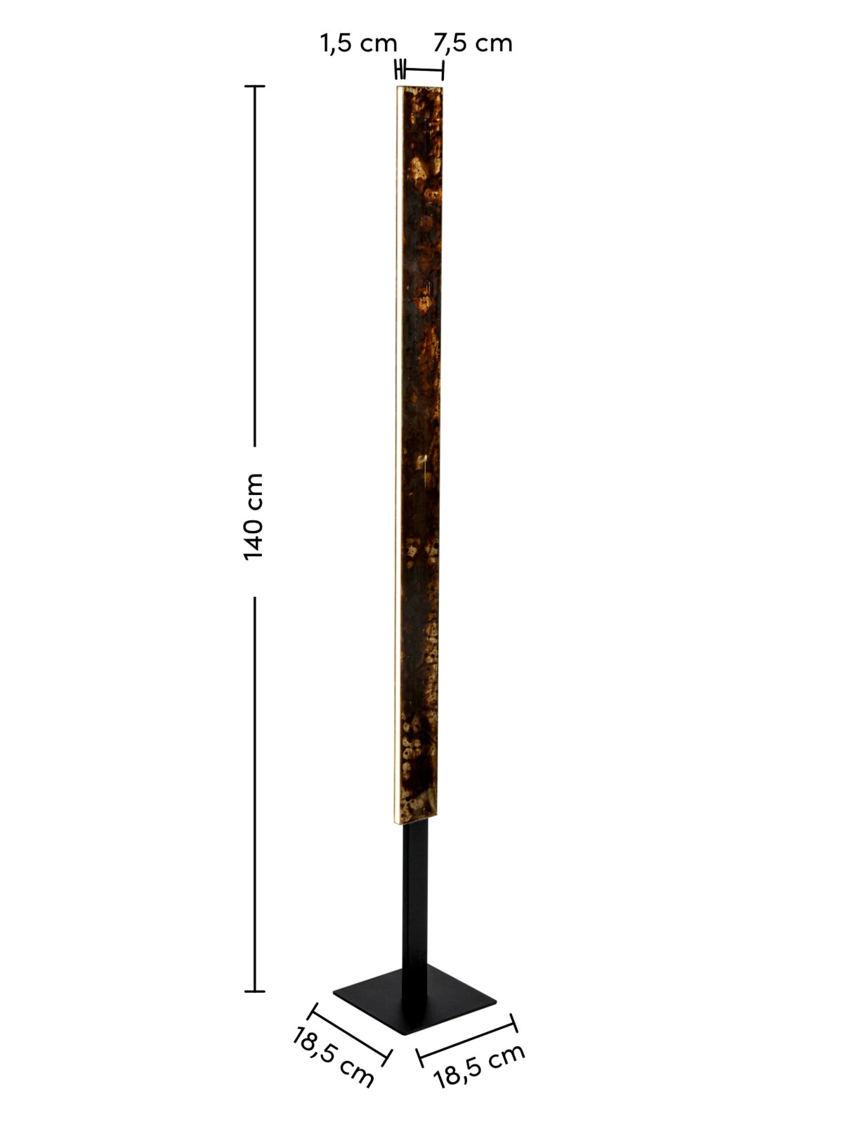 LED-staande lamp met een slank, rechthoekig ontwerp, 140 cm hoog, met een voet van 18,5 cm x 18,5 cm. Zijaanzicht.
