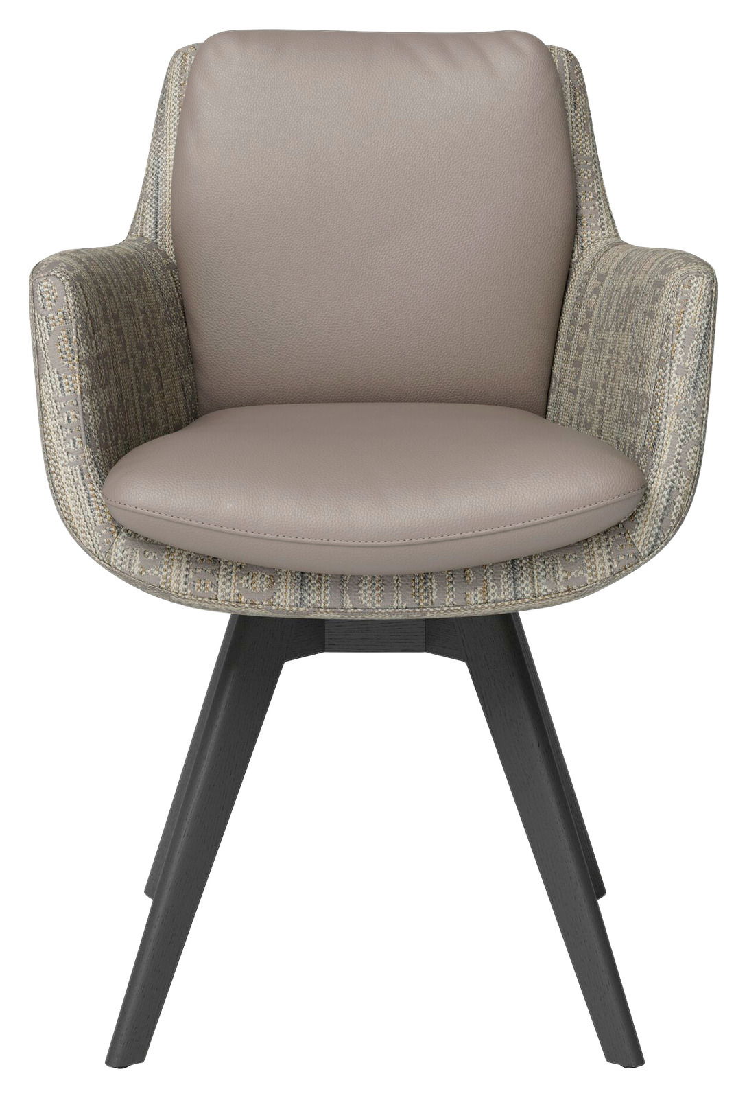 Moderner Armlehnstuhl mit gepolstertem Sitz und Rückenlehne, Vorderansicht