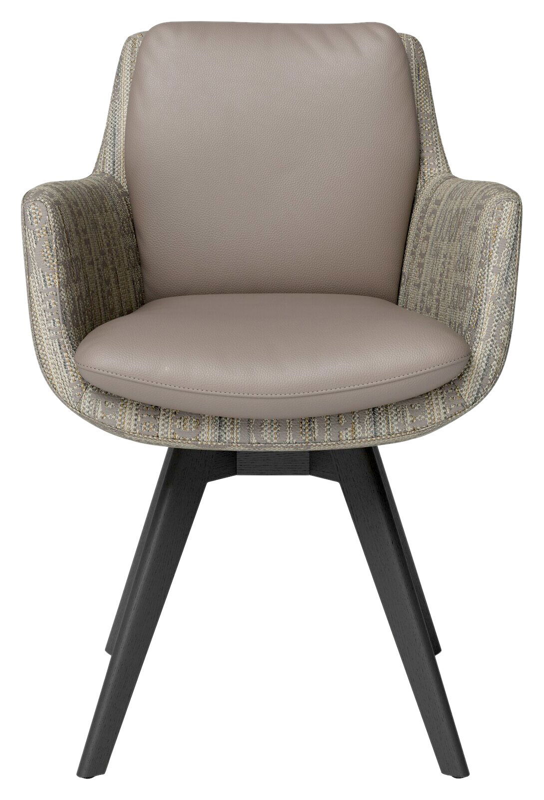 Moderner Armlehnstuhl mit gepolstertem Sitz und Rückenlehne, Vorderansicht