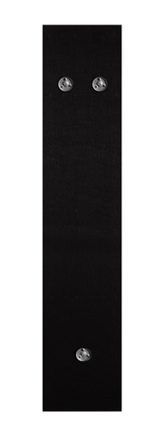 Schmale Wandgarderobe in schwarzer Farbe mit drei silbernen Haken, frontal abgebildet.