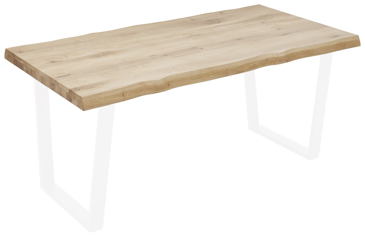 Holztischplatte mit natürlicher Kante, Perspektive von schräg oben