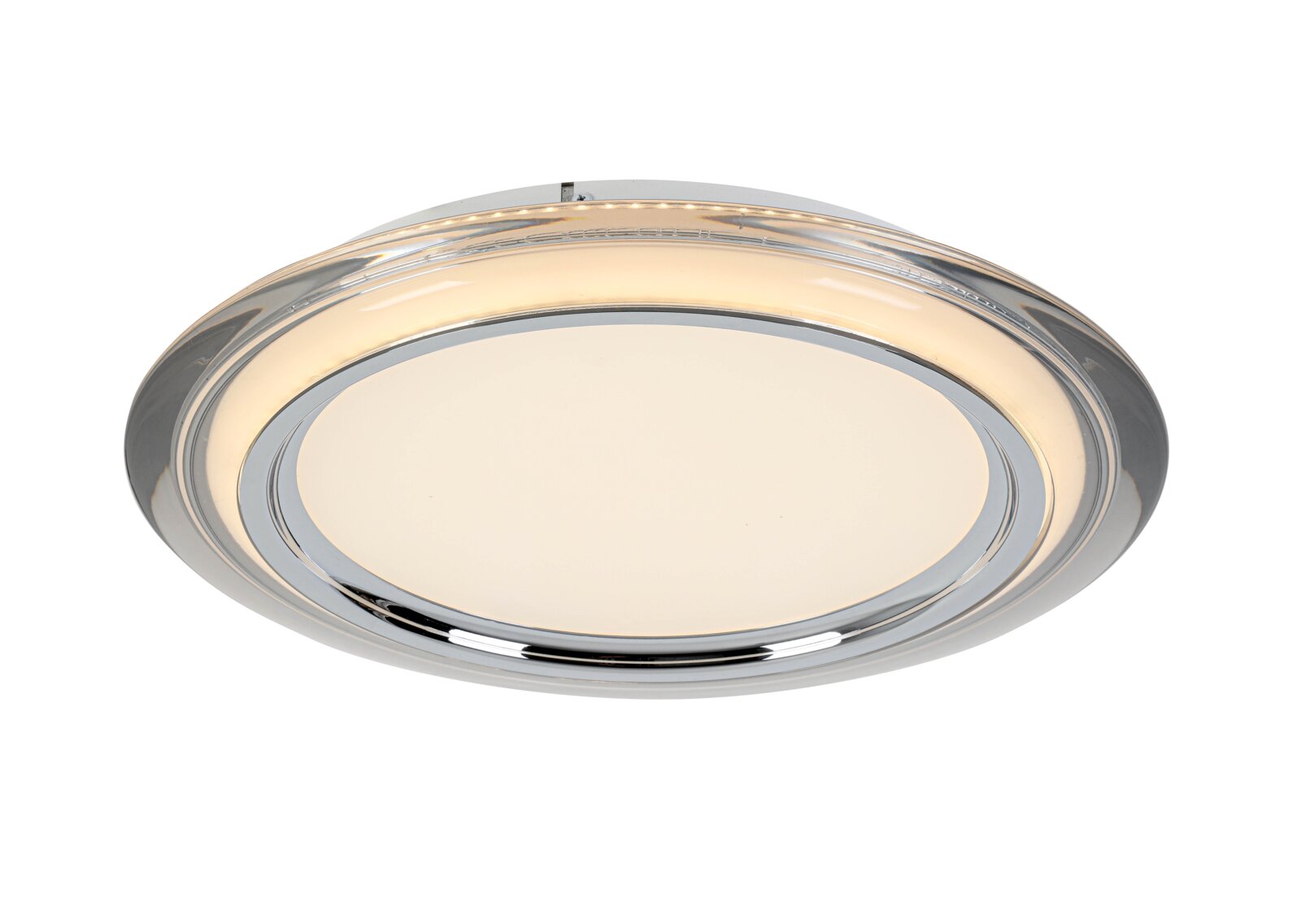 Ronde led-plafondlamp met chromen rand, gezien van onderaf
