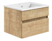 Waschtisch mit Holzoptik und zwei Schubladen, seitliche Perspektive