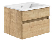 Waschtisch mit Holzoptik und zwei Schubladen, seitliche Perspektive