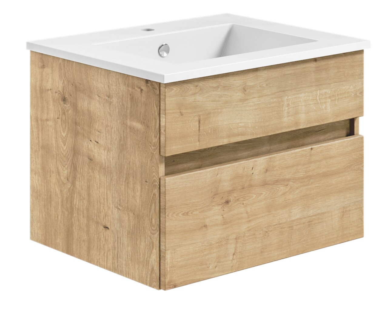 Waschtisch mit Holzoptik und zwei Schubladen, seitliche Perspektive