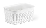 Weiße, rechteckige Aufbewahrungsbox mit perforierten Seiten, seitliche Perspektive