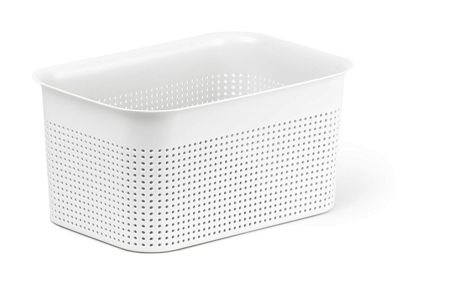 Weiße, rechteckige Aufbewahrungsbox mit perforierten Seiten, seitliche Perspektive