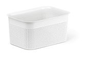 Weiße, rechteckige Aufbewahrungsbox mit perforierten Seiten, seitliche Perspektive