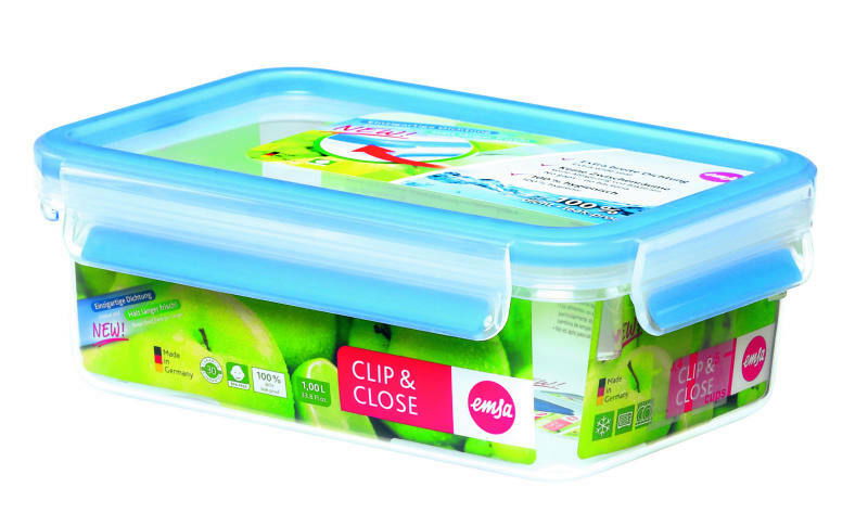 Rechteckige Frischhaltedose mit blauem Deckel und Clip-Verschluss, 1,0 Liter, seitliche Perspektive