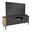 Modernes Lowboard in dunklem Design mit Holzdetails, frontal leicht von der Seite betrachtet, mit Fernseher und Dekoration.