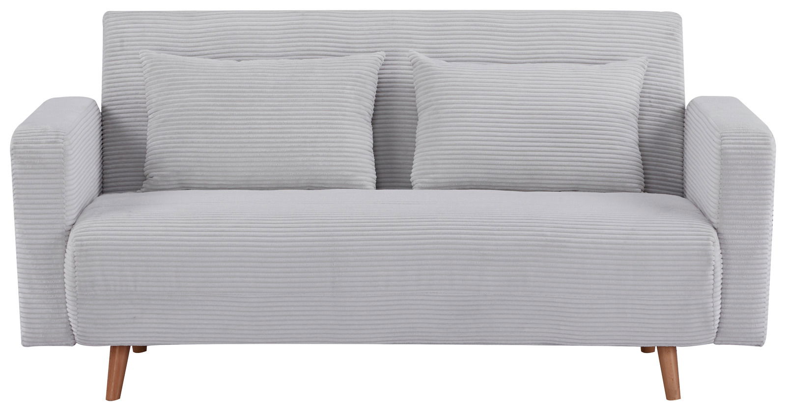 Graues Funktionssofa mit zwei Kissen, Vorderansicht