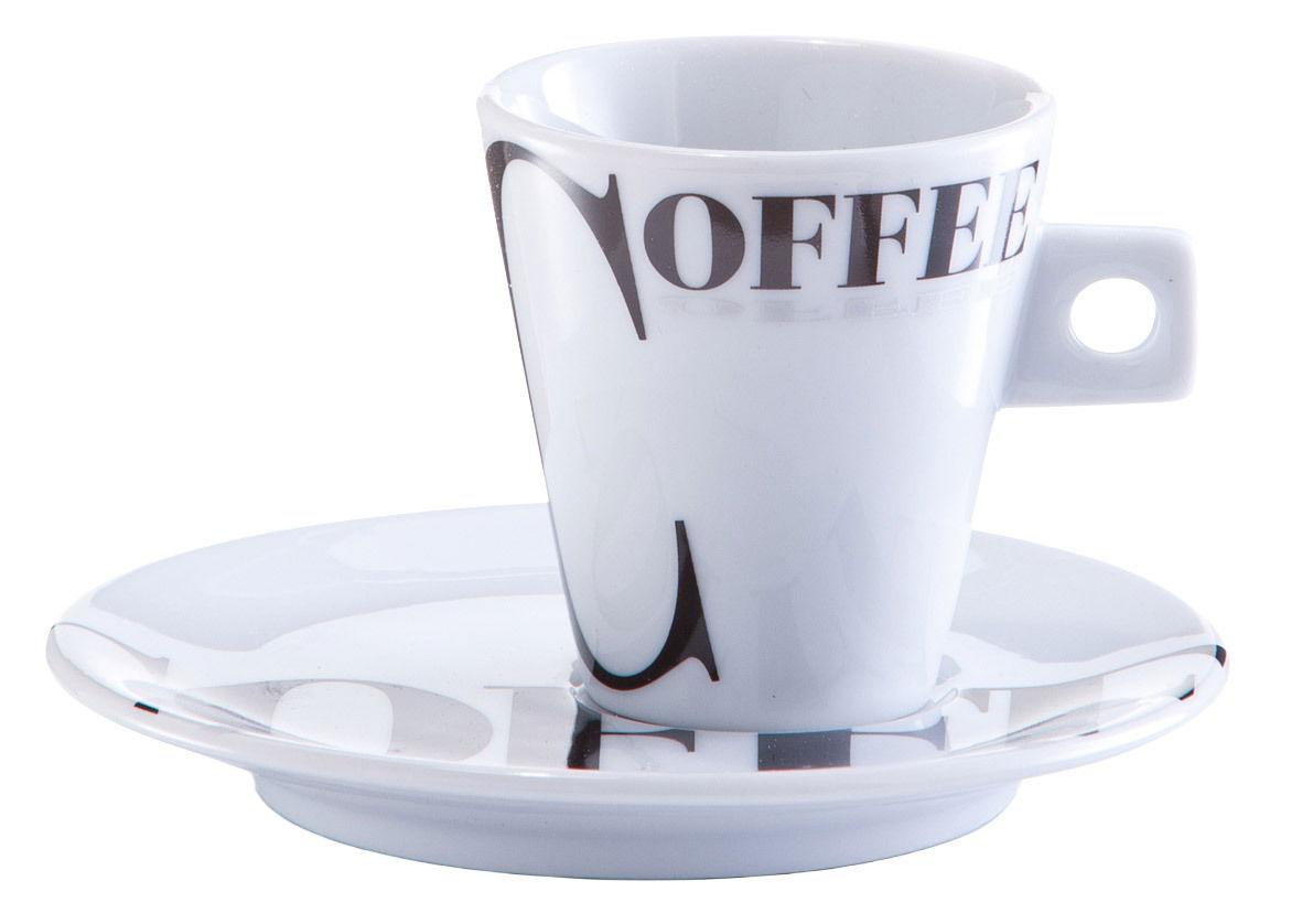 Espresso-Tasse mit Untertasse, seitliche Perspektive, mit großem 'COFFEE'-Schriftzug auf weißem Porzellan.